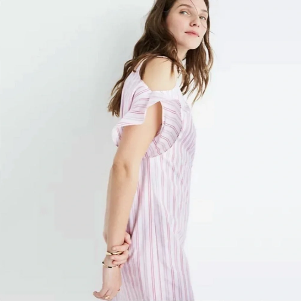 Madewell Lightweight Lined 100% Cotton White & Red Stripe Dress Cold Shoulder